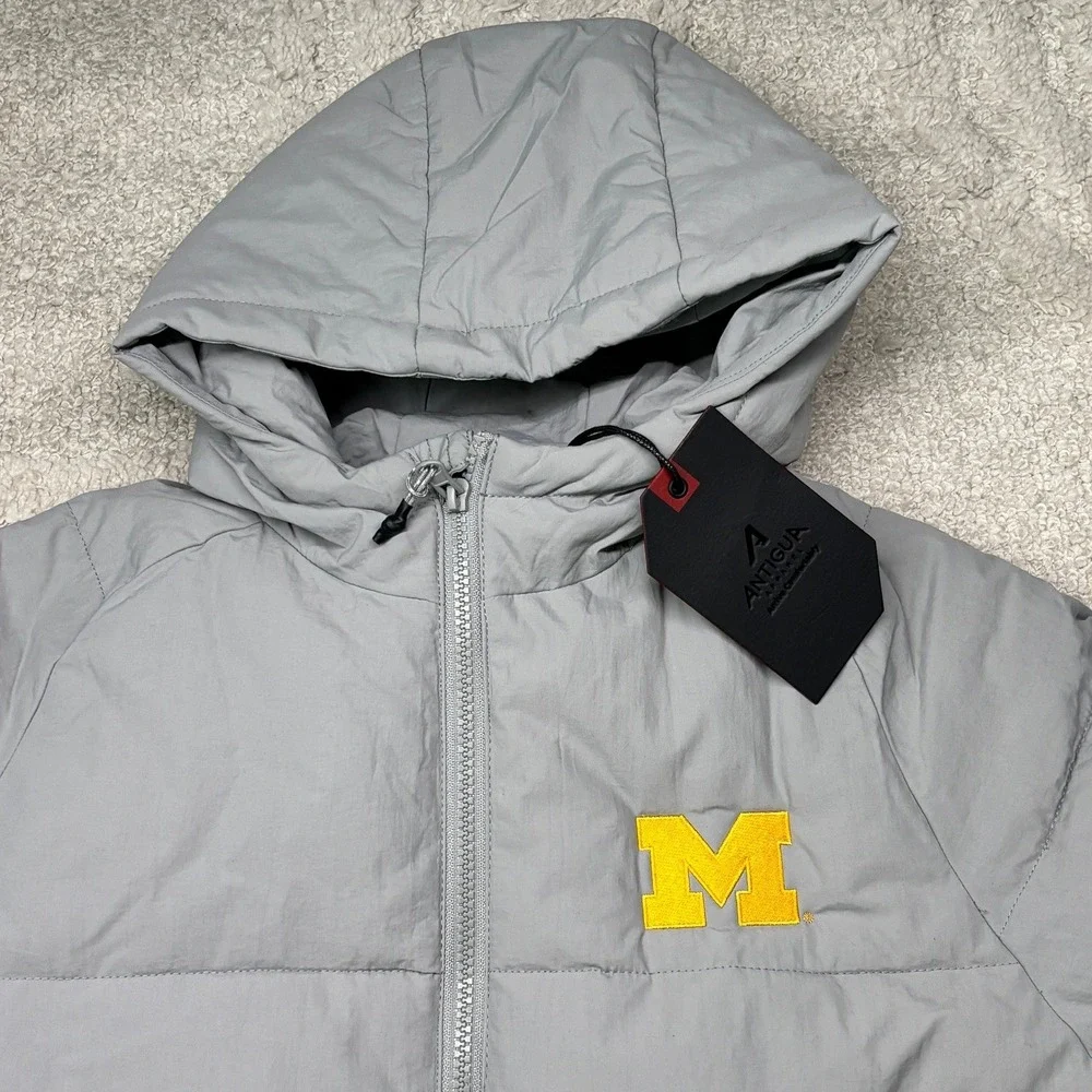 Antigua Puffer Jacket Women L Gray Michigan Wolverines NCAA‎ Hooded Full Zip NWT